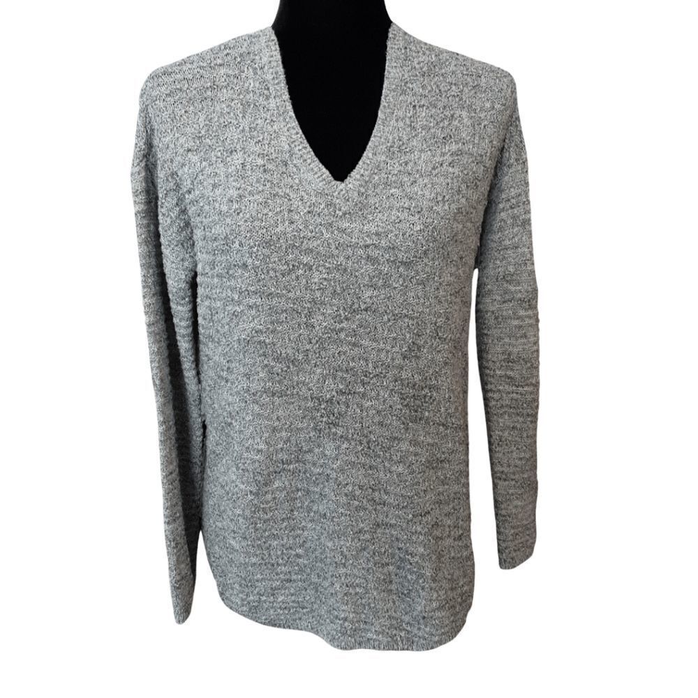CALVIN KLEIN Sweater Diagonal Knit Gray Tweed V-neck Long Sleeves Women's Sz L